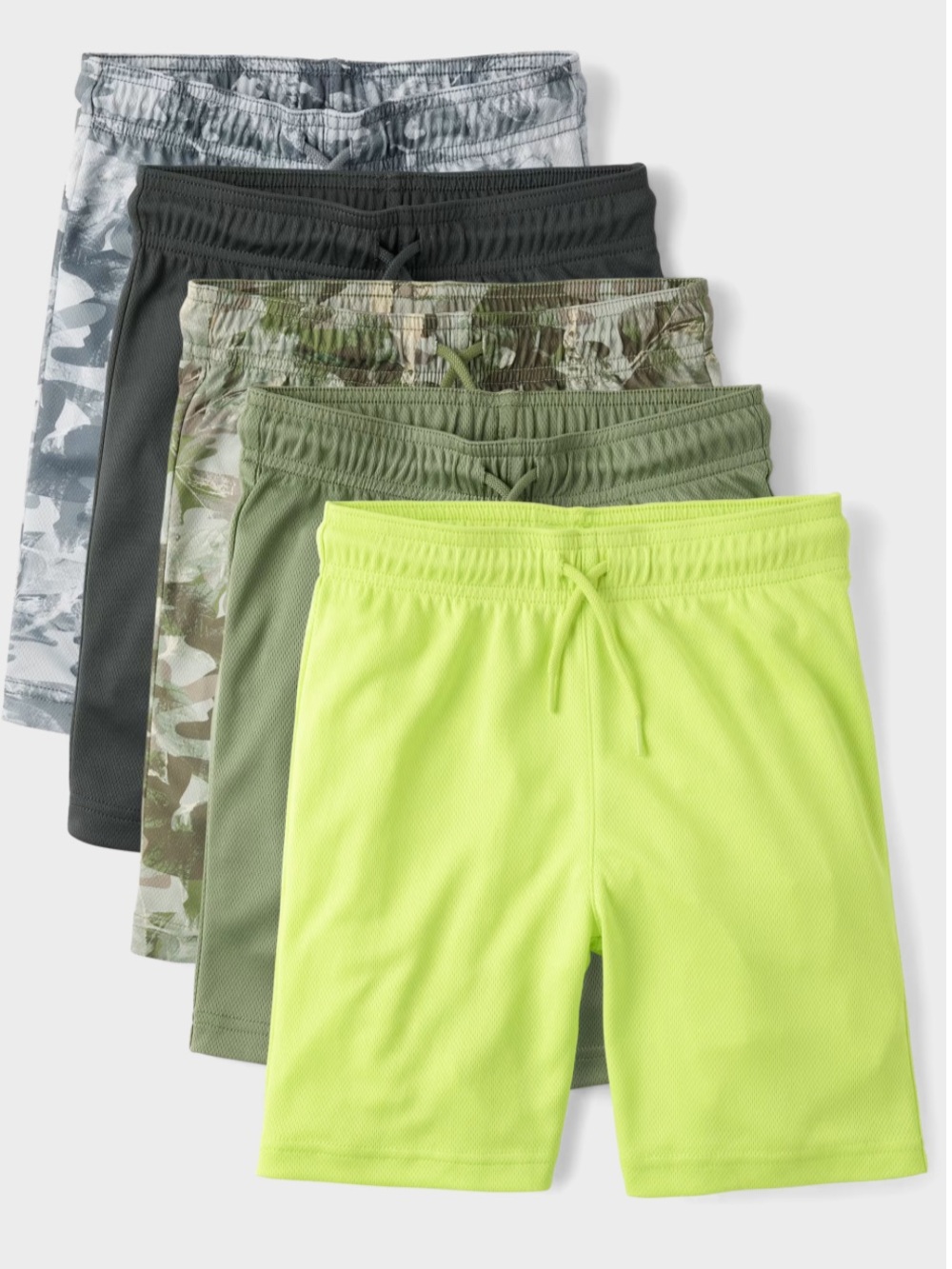 The Children's Place 5-Pack Athletic Shorts in Neon Yellow, Olive & Gray Tones